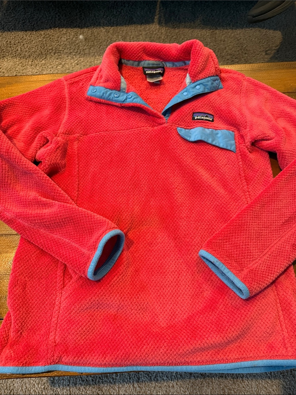 Patagonia Women's Bright Red Fleece Pullover with Light Blue Trim